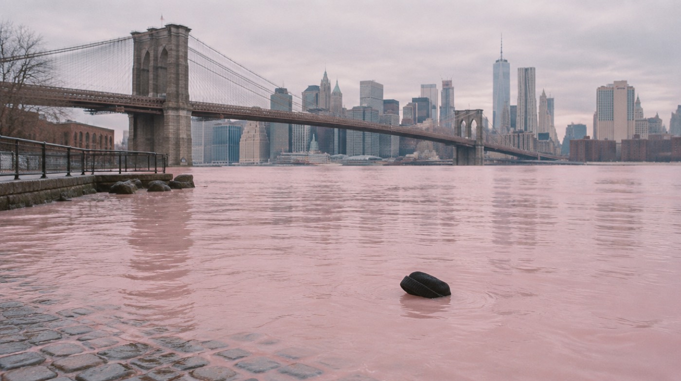Brooklyn Bridge over a pink East River